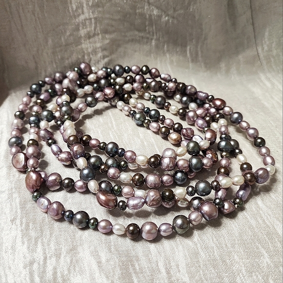 Peacock Freshwater Glass Pearls Gray Purple Lavender Cream Long Strand Necklace - Picture 3 of 9
